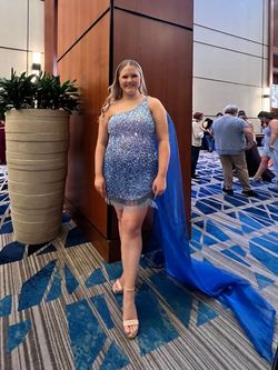 Rachel Allan Blue Size 14 Jersey Sheer Appearance Plus Size Cocktail Dress on Queenly