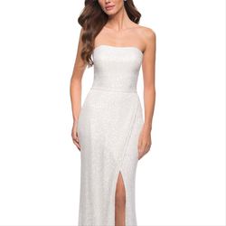 Style 29681 La Femme White Size 6 Train Strapless Side slit Dress on Queenly