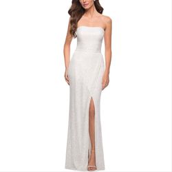 Style 29681 La Femme White Size 6 Sequined Floor Length Side slit Dress on Queenly