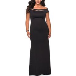 Style 29049 La Femme Black Size 14 Plus Size Sheer Straight Dress on Queenly