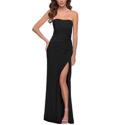 Style 29489 La Femme Black Size 6 Strapless Floor Length Mini Side slit Dress on Queenly