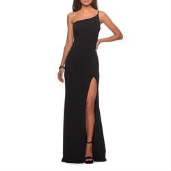 Style 28176 La Femme Black Size 10 Mermaid Jersey Floor Length Side slit Dress on Queenly