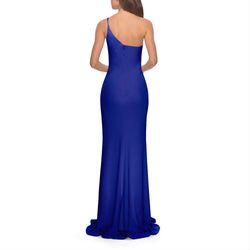 Style 28176 La Femme Blue Size 10 Train Jersey Mermaid Side slit Dress on Queenly