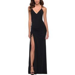 Style 29444 La Femme Black Size 2 Floor Length V Neck Side slit Dress on Queenly