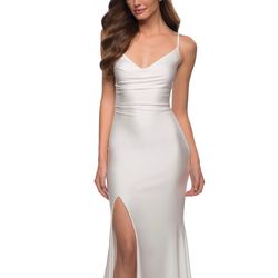 Style 28518 La Femme White Size 6 Floor Length Spaghetti Strap Side slit Dress on Queenly