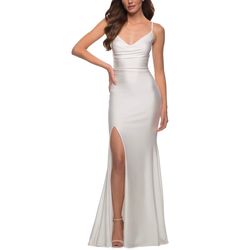 Style 28518 La Femme White Size 6 Floor Length Spaghetti Strap Side slit Dress on Queenly