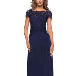 Style 28029 La Femme Blue Size 12 Military Polyester Jersey Sheer Straight Dress on Queenly