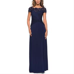 Style 28029 La Femme Blue Size 12 Military Shiny Floor Length Straight Dress on Queenly