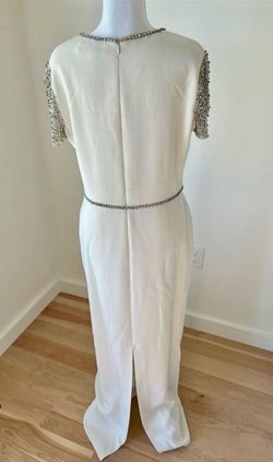 Style 555 Jenny Packham White Size 12 Floor Length Jersey Sleeves Tall Height Straight Dress on Queenly