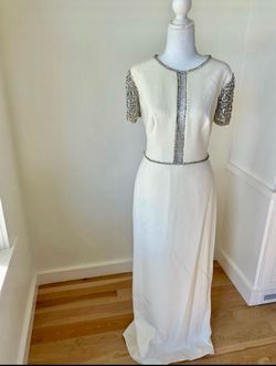 Style 555 Jenny Packham White Size 12 Floor Length Jersey Sleeves Tall Height Straight Dress on Queenly