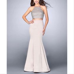 Style 24243 La Femme Nude Size 6 Studded Floor Length A-line Dress on Queenly