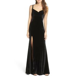 Style 24317 La Femme Black Size 10 Floor Length Velvet Sweetheart Side slit Dress on Queenly
