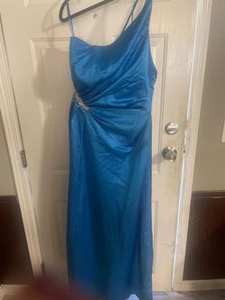 Style 1762 Impressions Blue Size 12 Swoop Prom Floor Length A-line Dress on Queenly