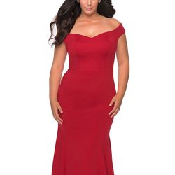 Style 28963 La Femme Red Size 18 Sleeves Mermaid Floor Length Train Dress on Queenly