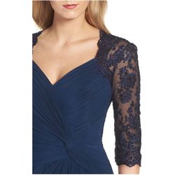 Style 23244 La Femme Blue Size 10 Lace Jersey Sheer Straight Dress on Queenly