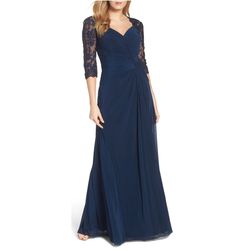 Style 23244 La Femme Blue Size 10 Polyester Jewelled Jersey Sleeves Lace Straight Dress on Queenly