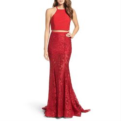 La Femme Red Size 2 Lace Jewelled Straight Dress on Queenly