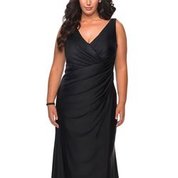 Style 29024 La Femme Black Tie Size 18 Jersey Train Side slit Dress on Queenly
