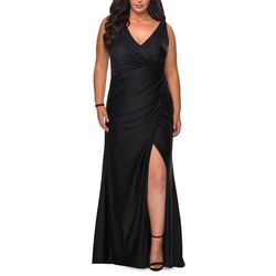 Style 29024 La Femme Black Tie Size 18 Train Jersey Side slit Dress on Queenly