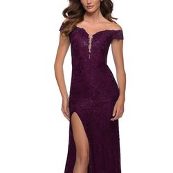 Style 29693 La Femme Purple Size 8 Plunge Black Tie Mini Side slit Dress on Queenly