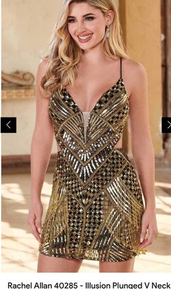 Style 40285 Ashley Lauren Gold Size 6 Mini Homecoming Free Shipping Cocktail Dress on Queenly