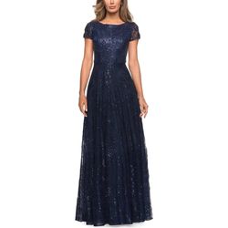 Style 27837 La Femme Blue Size 8 Floor Length Sheer Sequined A-line Dress on Queenly