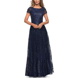 Style 27837 La Femme Blue Size 8 Navy Sheer Sleeves A-line Dress on Queenly