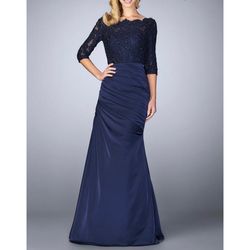 Style 24926 La Femme Blue Size 14 Mermaid Military Floor Length Straight Dress on Queenly