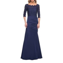 Style 24926 La Femme Blue Size 14 Polyester Military Shiny Floor Length Straight Dress on Queenly