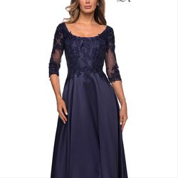 Style 27988 La Femme Blue Size 2 Sheer Military Floor Length A-line Dress on Queenly