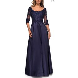 Style 27988 La Femme Blue Size 2 50 Off Military Sheer Satin A-line Dress on Queenly