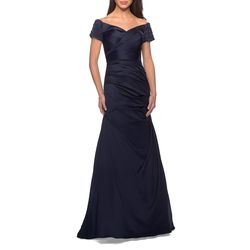 Style 25996 La Femme Blue Size 14 Floor Length Sleeves 50 Off Satin Straight Dress on Queenly