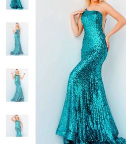 Style 1-3487381424-472 JOVANI Blue Size 16 One Shoulder Black Tie Sequined Straight Dress on Queenly