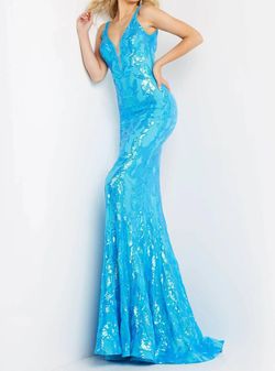 Style 1-3971746006-2168 JOVANI Blue Size 8 Black Tie Tall Height Floor Length Straight Dress on Queenly