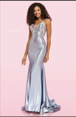 Style 54273 Sherri Hill Silver Size 4 Military Floor Length Mermaid Dress on Queenly