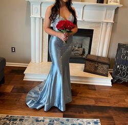 Style 54273 Sherri Hill Silver Size 4 Military Floor Length Mermaid Dress on Queenly