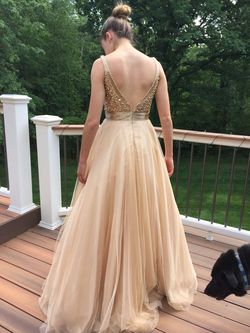 Mon Cheri Gold Size 2 Plunge Floor Length Ball gown on Queenly