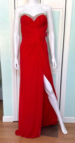 Style 19710 La Femme Red Size 0 Floor Length Jersey Side Slit A-line Dress on Queenly