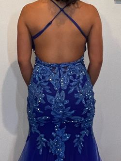 La Femme Blue Size 00 Plunge Free Shipping Jersey Mermaid Dress on Queenly