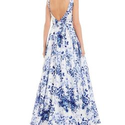 Style 1915P8331 Terani Couture Blue Size 12 Plus Size Floral Satin A-line Dress on Queenly