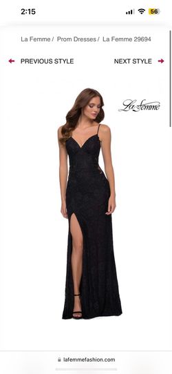 Style 29694 La Femme Black Size 0 Pattern Plunge Floor Length Corset Side slit Dress on Queenly