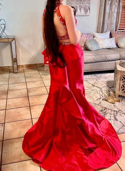 Dancing Queen Bright Red Size 4 Floor Length Jersey Pageant Mermaid Dress on Queenly