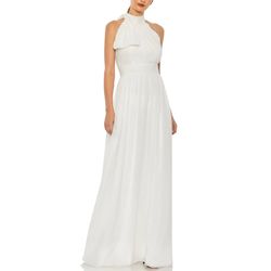 Style 55035 Mac Duggal White Size 12 Engagement Sheer Halter Straight Dress on Queenly