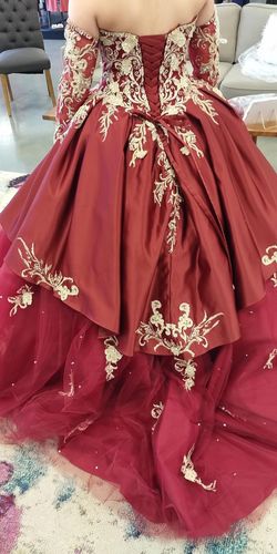 MoriLee Red Size 10 Strapless Tulle Embroidery Burgundy Ball gown on Queenly
