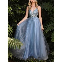 Style Smoky Blue Sleeveless Sequined Sparkle Tulle Formal Prom Ball Gown Dress Blue Size 12 Ball gown on Queenly