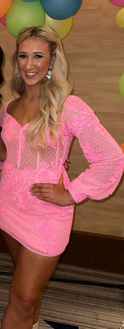 Style 11362X Ashley Lauren Pink Size 4 Swoop Lace Jersey Nightclub Long Sleeve Cocktail Dress on Queenly