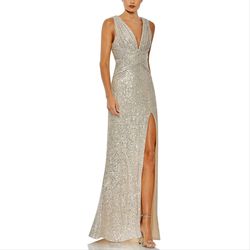 Style 26598 Mac Duggal Nude Size 4 Floor Length V Neck Side slit Dress on Queenly