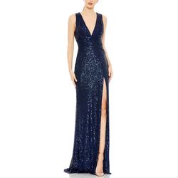 Style 26598 Mac Duggal Blue Size 4 Sheer V Neck Floor Length Side slit Dress on Queenly