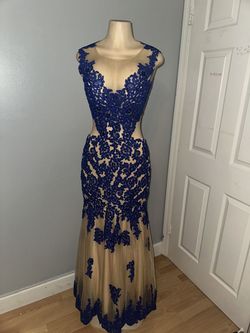 Dave and Johnny Blue Size 8 Prom Wedding Guest Sheer Lace Mermaid Dress on Queenly