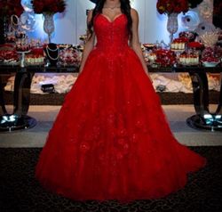 Style 89250 MoriLee Red Size 6 Tall Height Tulle Lace Mori Lee Ball gown on Queenly